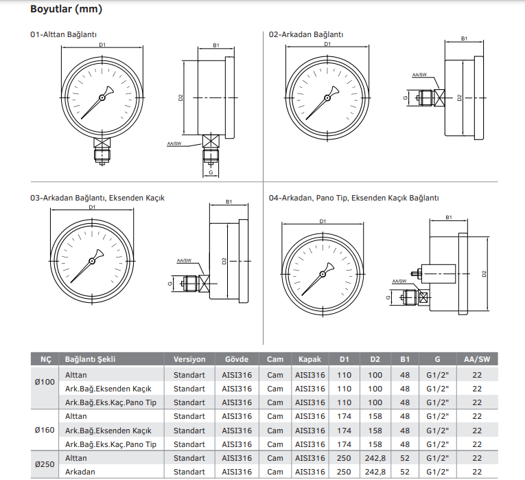 Ø100mm 01000 Bar Alttan Bağlantılı Komple Paslanmaz Sıvı Dolgulu CL1,0 Hassas Basınç Ölçer, Manometre G12'' Class 1,0 PAKKENS 1001111119 teknik çizimi ve boyutları